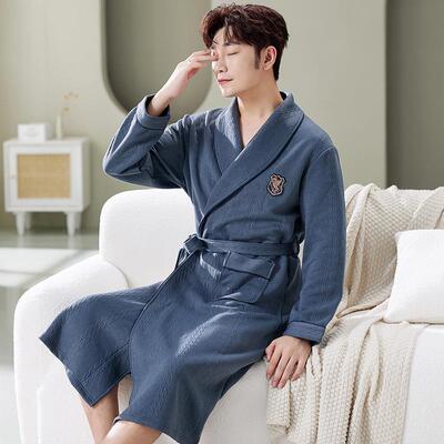 空气睡衣长袖纯棉加厚秋冬装男棉夹层保暖浴袍冬款睡袍款加长男款