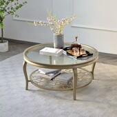美式 实木轻奢简约创意客厅不锈钢镂空圆茶几现代网红钢化玻璃茶几