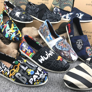 JM快乐玛丽男鞋61918M涂鸦平底布鞋男款透气帆布鞋懒人鞋子61961M