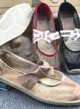 jm快乐玛丽女鞋蕾丝镂空亚麻底凉鞋女蝴蝶结平底休闲鞋布鞋01805W