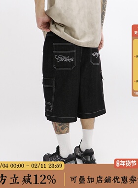 BBCN STORE美式复古多口袋工装短裤纯棉宽松直筒刺绣六分牛仔裤