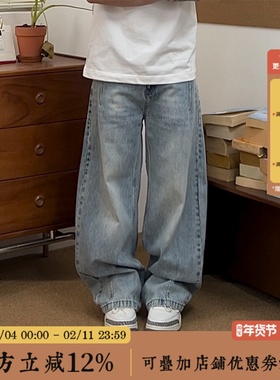 BBCN STORE美式高街baggy猫须水洗做旧廓形弯刀牛仔裤男女休闲裤