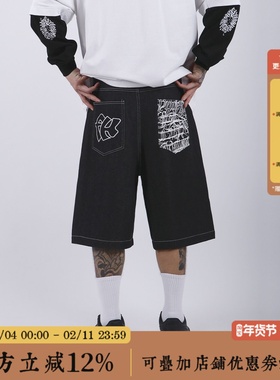 BBCN STORE西海岸牛仔短裤奇卡诺花体字街头嘻哈宽松直筒六分裤