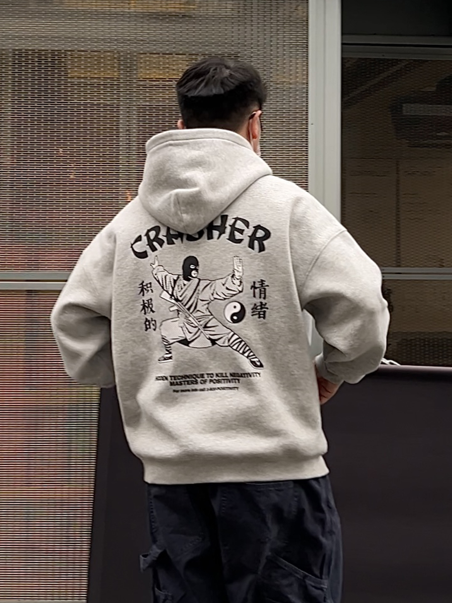 CRASHER原创太极功夫连帽卫衣男女街头复古休闲宽松抓绒套头帽衫