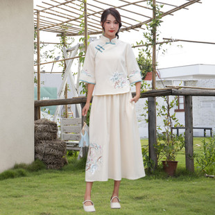 中国风刺绣唐装改良版女时尚七分袖上衣复古清雅竹节刺绣半身裙子