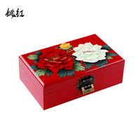 姚红首饰盒新品木质23厘米双层彩绘收纳盒平遥漆器牡丹结婚礼品