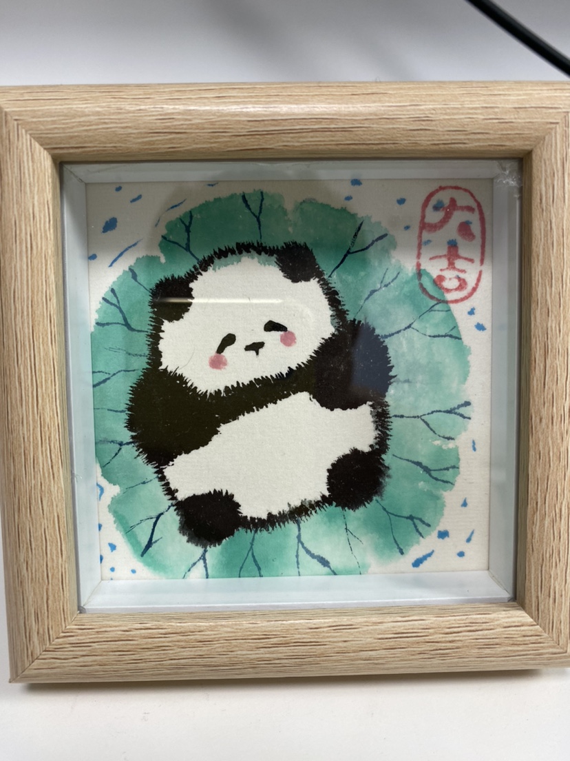 100%纯手绘大熊猫花花和花国画水墨生日实木玻璃相框摆台礼物国宝