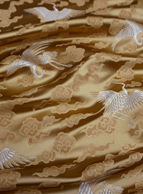 金棕黄色祥云朵仙鹤织锦缎布料丝绸缎子面料云锦唐装汉服装饰
