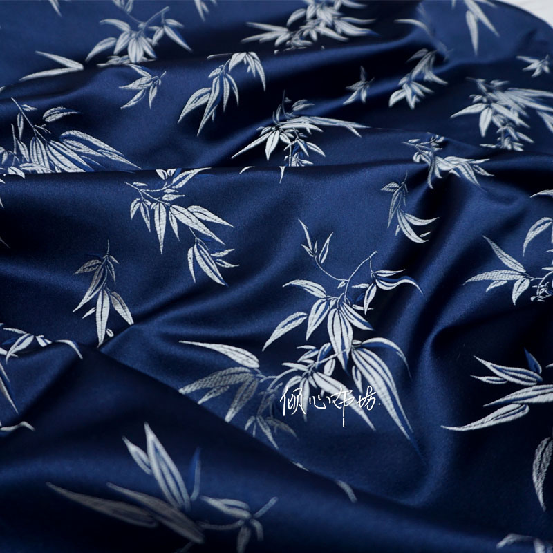 高雅深蓝唯美风竹子叶丝绸织锦缎