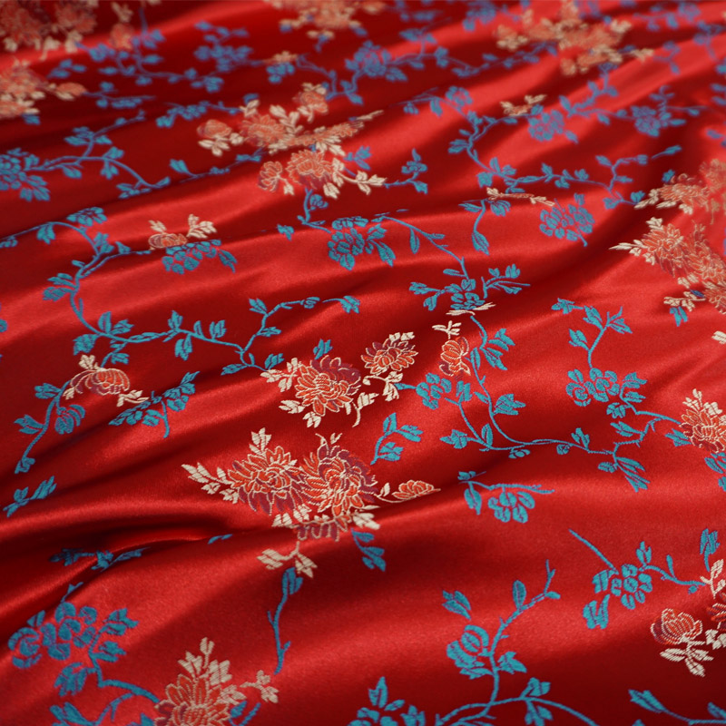 正红色底连枝花纹提花中式柔软织锦缎布料优雅云锦丝绸缎子面料