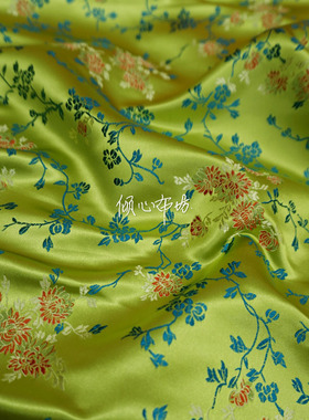 嫩绿色连枝花纹提花中式柔软织锦缎布料优雅云锦丝绸缎子面料