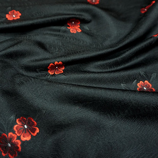 黑底色红花桃花潭水素面织锦缎布料丝绸缎子面料云锦旗袍汉服唐装