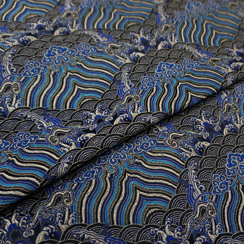 黑蓝泥金云海水江崖纹亚光织锦缎