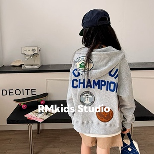 RM原创设计春新品男女儿童纯棉灰色刺绣徽章卡通贴布棒球服服外套