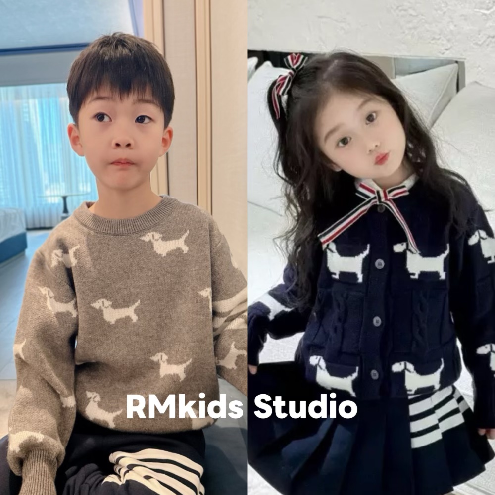 RM原创设计秋新品男女儿童宝宝2色棉羊毛卡通小狗V领开衫毛衣外套