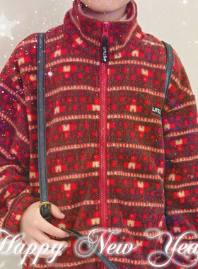 RRM原创设计新品男女儿童2色立领满印抗静电摇粒绒内胆外套新年红