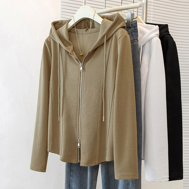 大码早秋长袖T恤休闲开衫连帽卫衣外套女士2025新款胖mm显瘦上衣