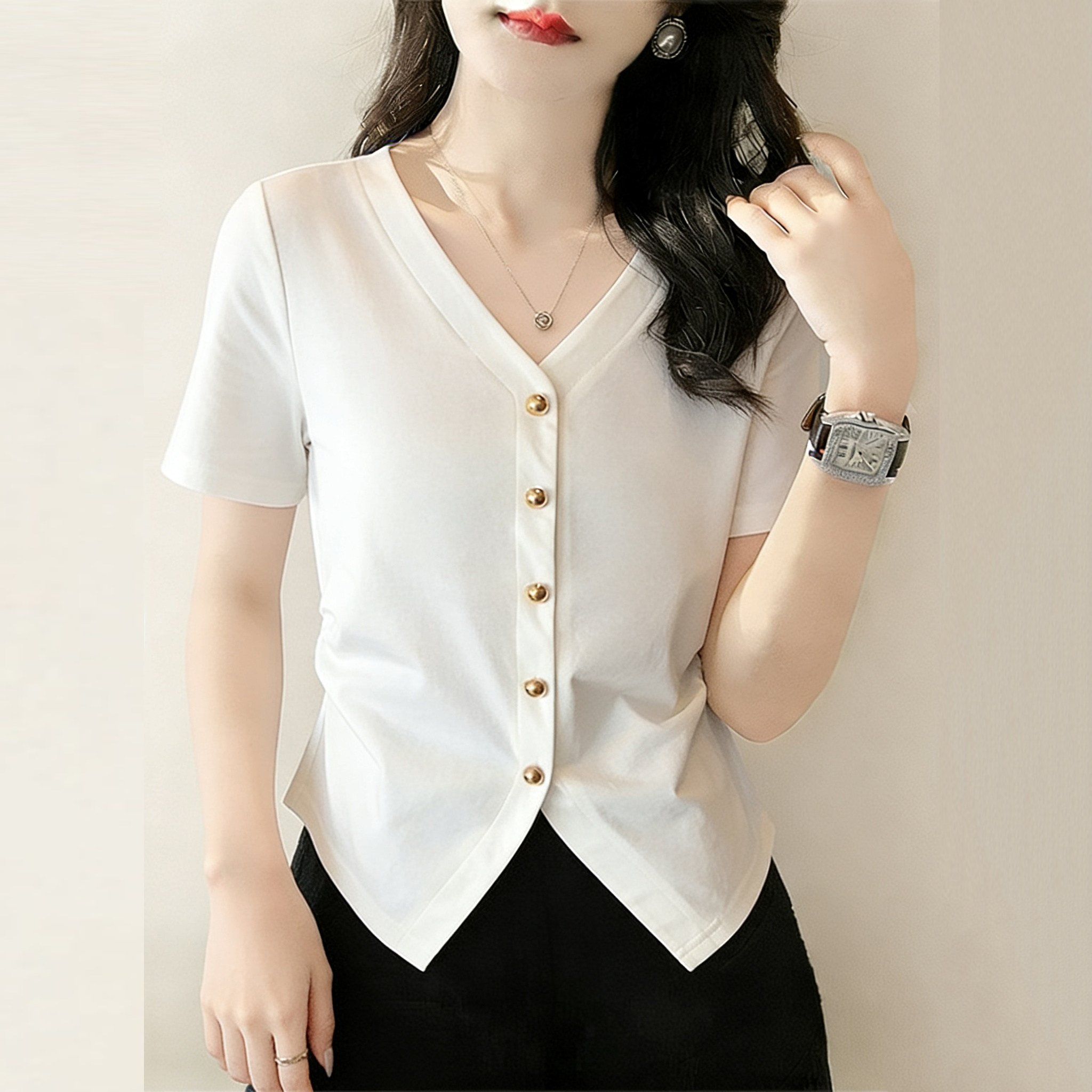 大码设计高级感V领正肩短袖t恤女2026夏装新款胖mm显瘦不规则上衣