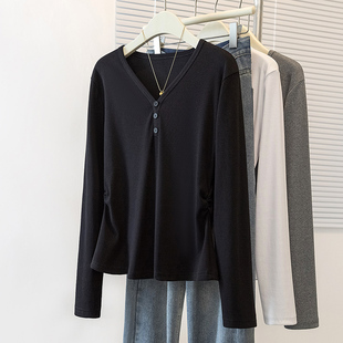 大码黑色V领长袖T恤收腰打底衫女秋冬装新款胖mm显瘦内搭休闲上衣