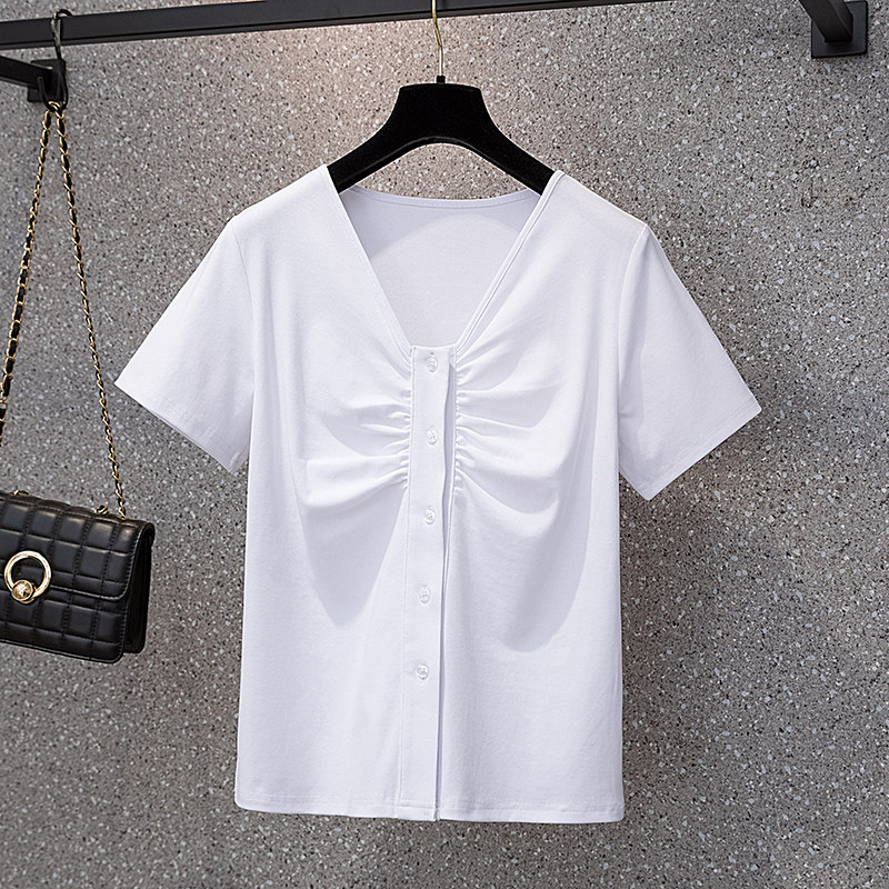 大码女装V领抽褶设计感白色正肩短袖t恤女春夏季新款胖mm显瘦上衣
