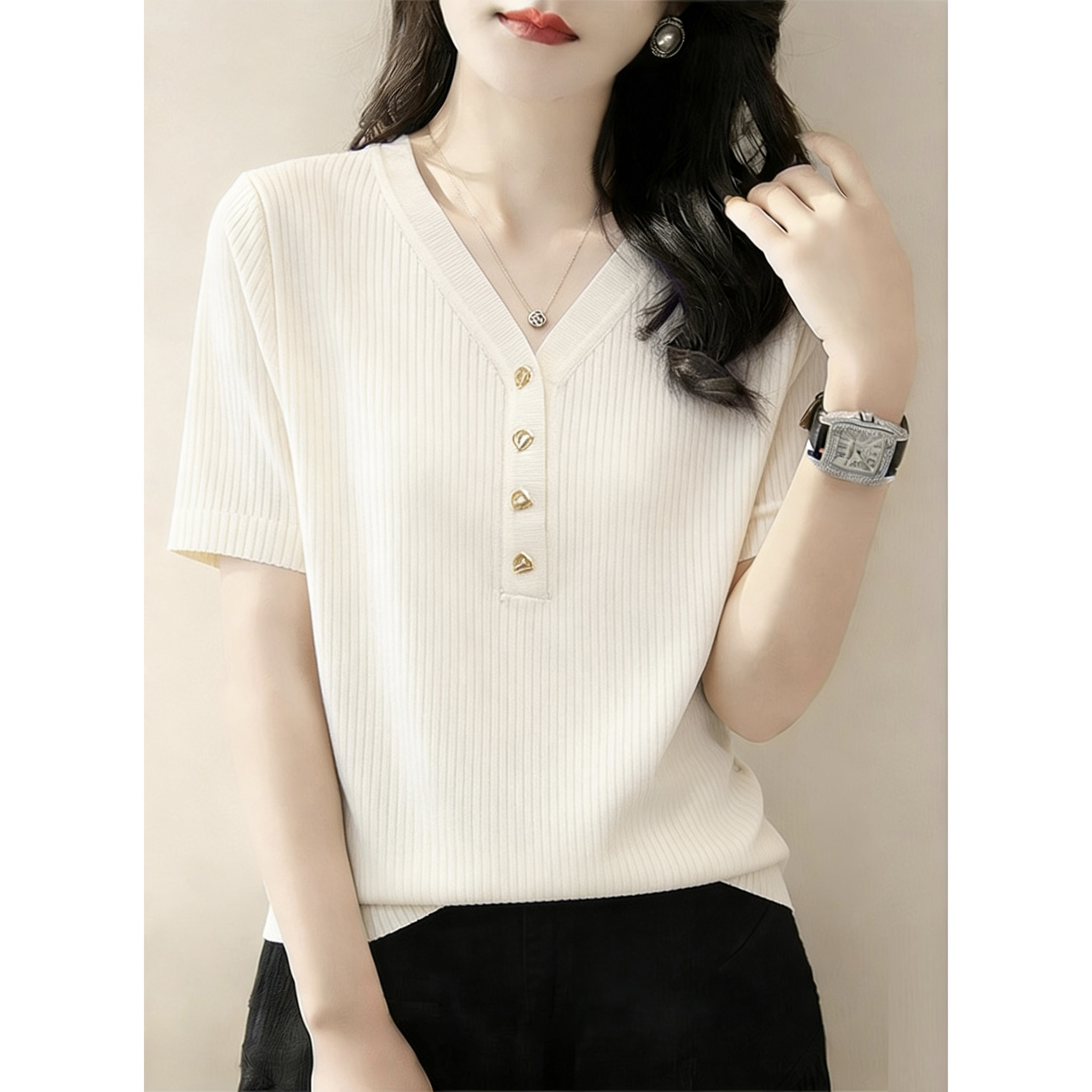 大码宽松V领正肩冰丝针织短袖t恤女夏季新款胖mm显瘦减龄百搭上衣