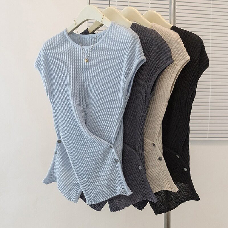 大码气质高级感收腰不规则短袖t恤女夏装新款胖mm显瘦针织衫上衣