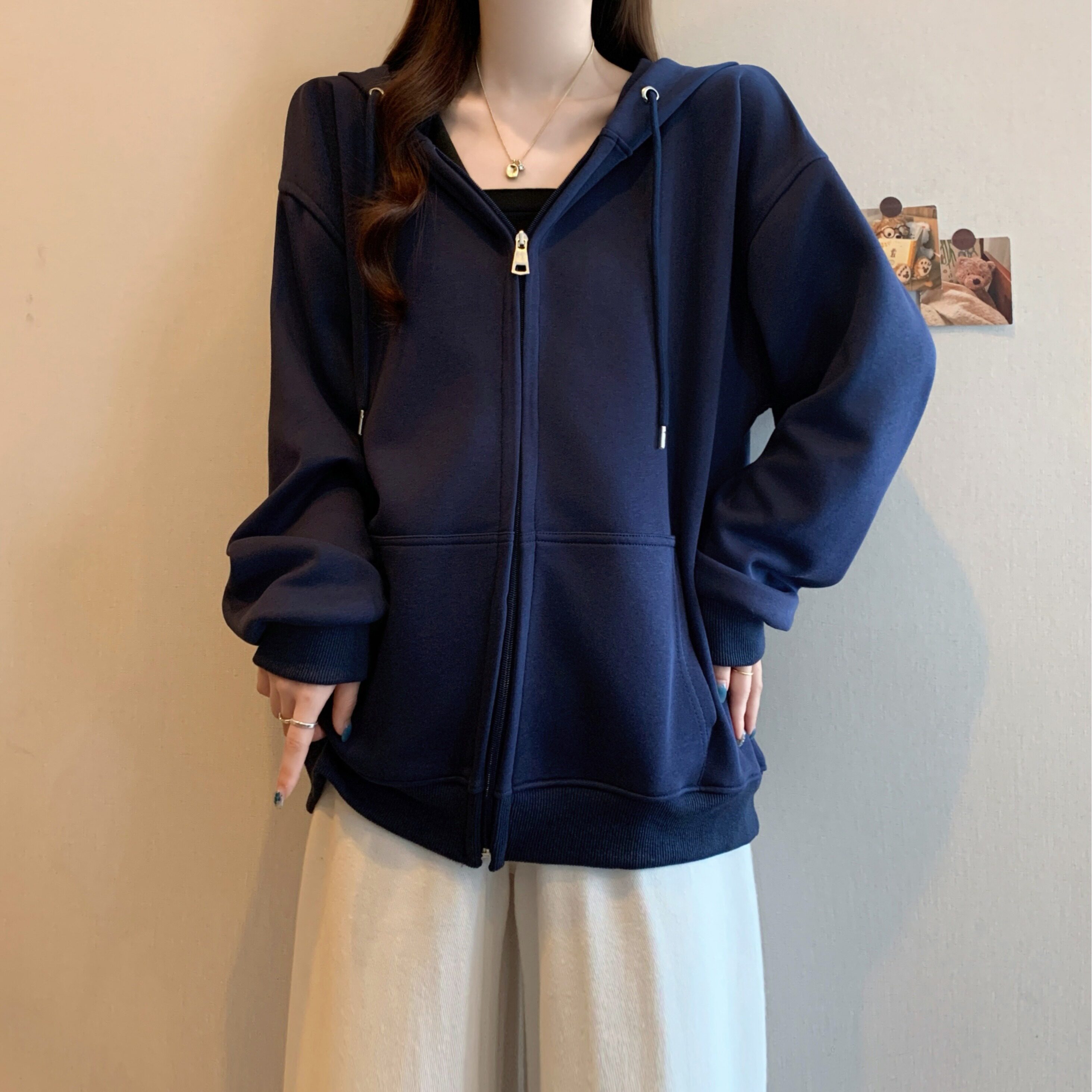 大码长袖拉链开衫外套连帽卫衣女装秋冬新款胖mm显瘦休闲宽松上衣