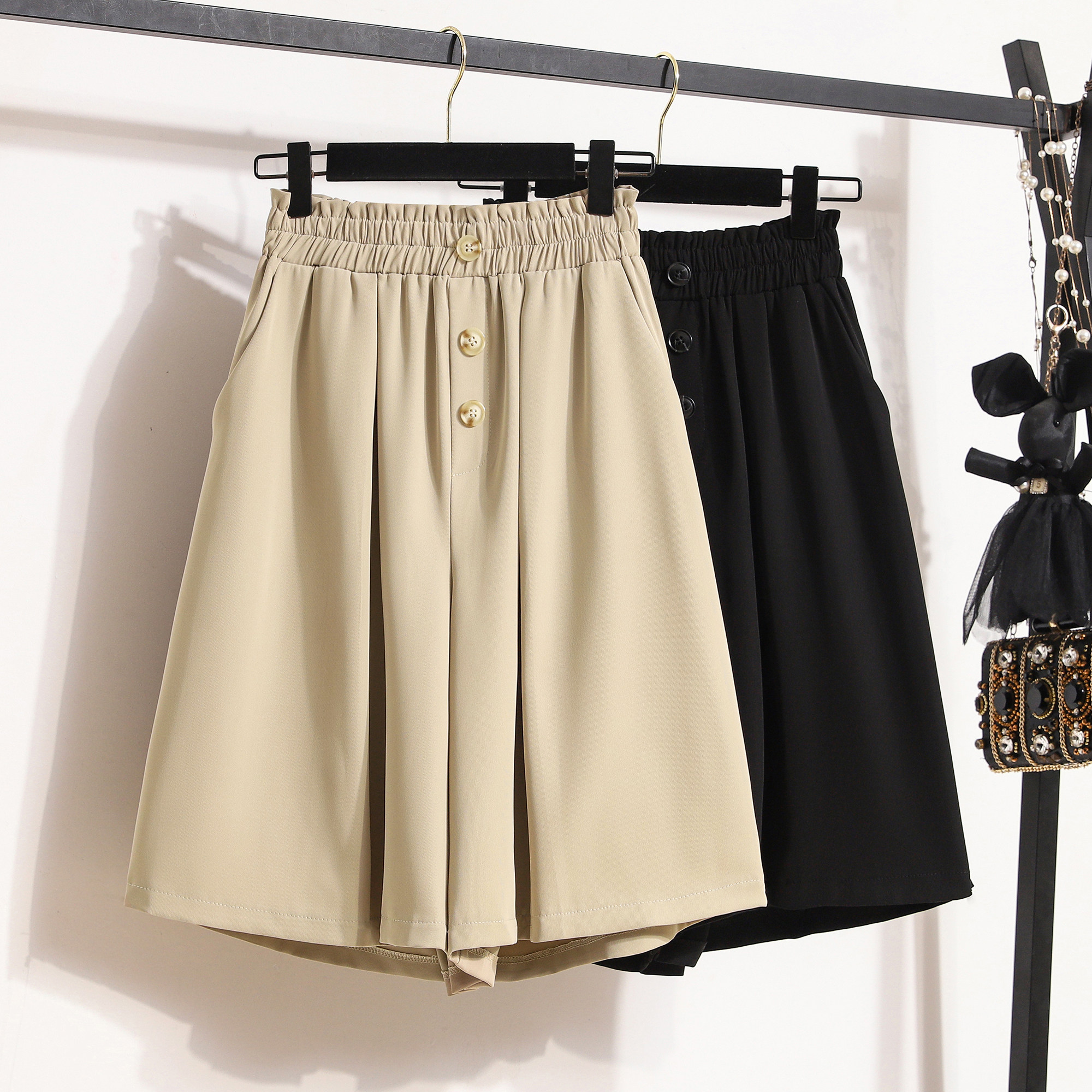 大码女装松紧腰垂感西装阔腿裤女夏季胖mm显瘦A字裙裤休闲五分裤