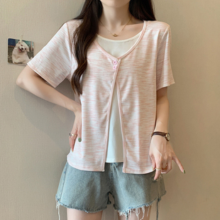 新款 大码 t恤女2026年夏装 设计感假两件正肩短袖 胖mm显瘦上衣 女装