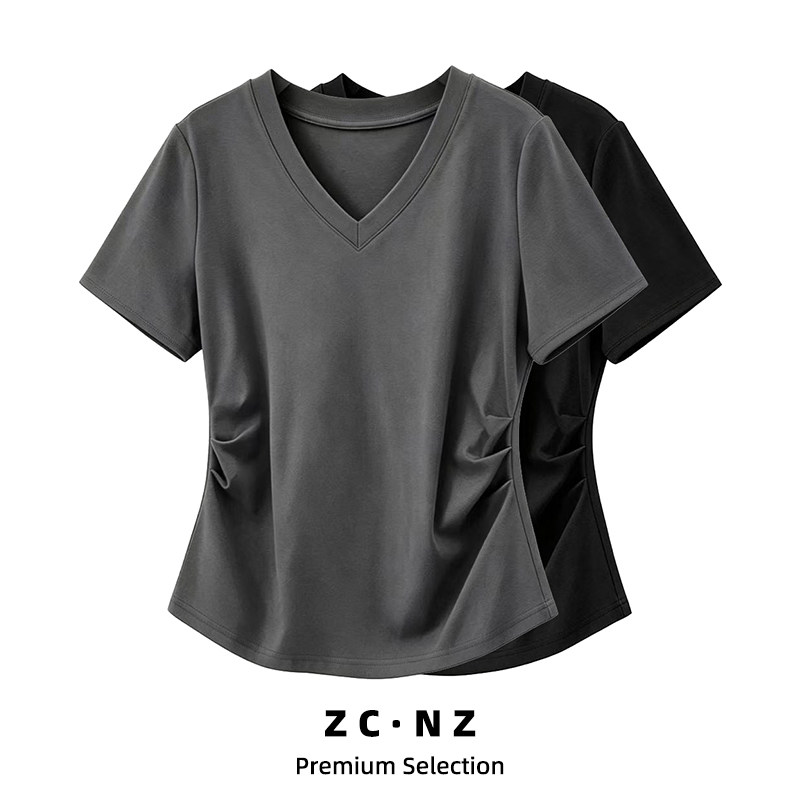 大码收腰显瘦V领正肩短袖t恤女胖mm2026夏季新款减龄别致时尚上衣