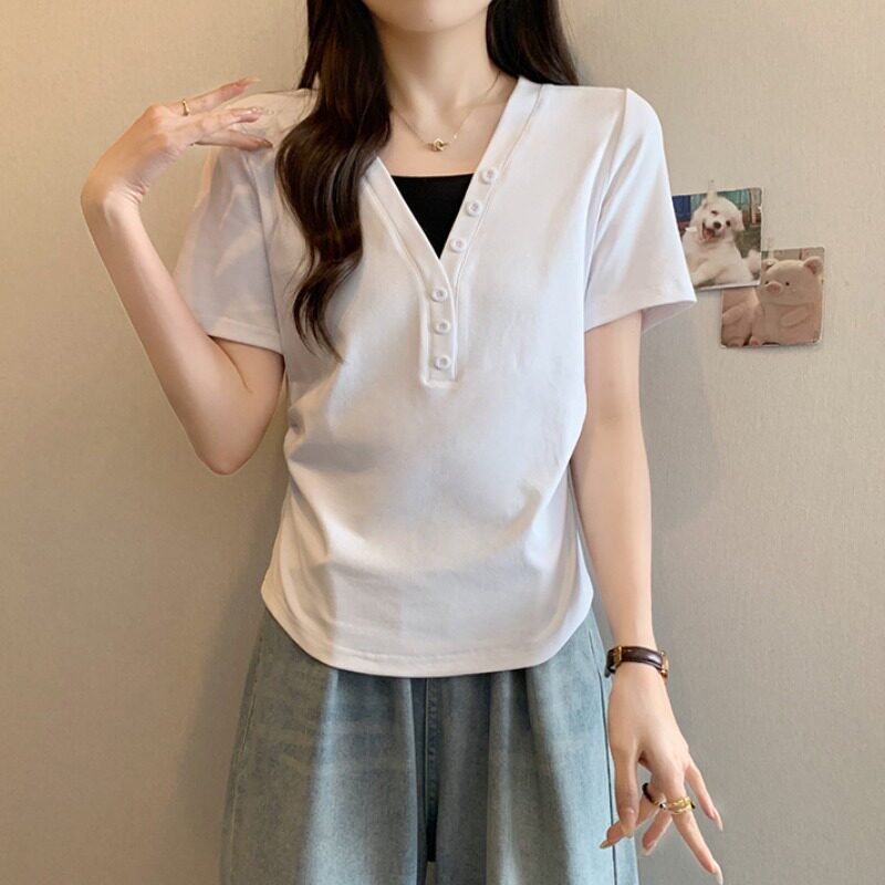 大码女装撞色假两件正肩短袖t恤女2026夏装新款胖mm显瘦减龄上衣