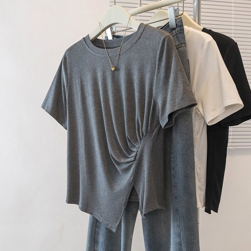 大码女装灰色正肩不规则短袖t恤女春夏季新款胖mm显瘦设计感上衣