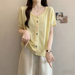 大码女装冰丝针织短袖t恤女2026年夏季新款胖mm显瘦宽松开衫上衣