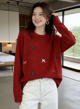 大码蝴蝶结装饰红色圆领毛衣长袖打底衫女春装胖mm显瘦针织衫上衣