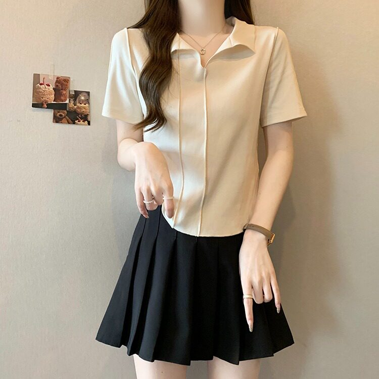 大码女装半开领正肩短袖t恤女2026夏装新款胖mm显瘦减龄别致上衣