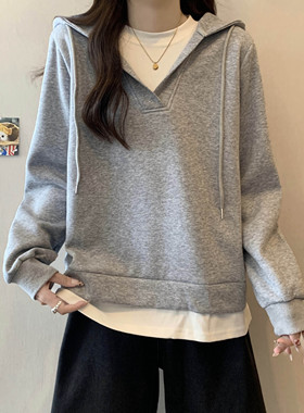 大码女装灰色宽松厚款连帽卫衣外套女秋冬新款胖mm显瘦假两件上衣