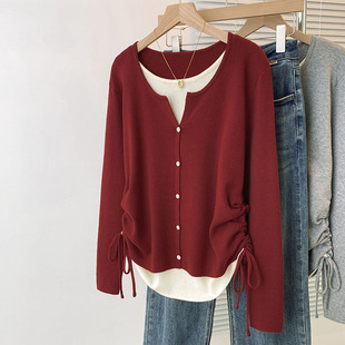 大码抽绳假两件毛衣外套打底衫女2025秋冬新款胖mm显瘦针织衫上衣