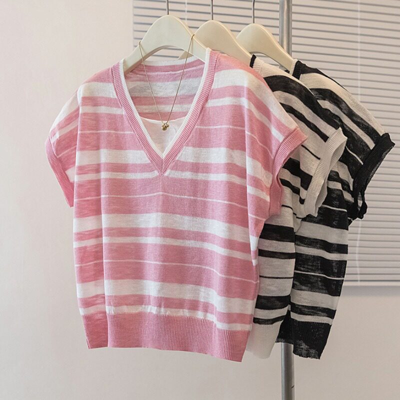 大码条纹假两件冰丝针织短袖t恤女夏季新款胖mm显瘦薄款宽松上衣