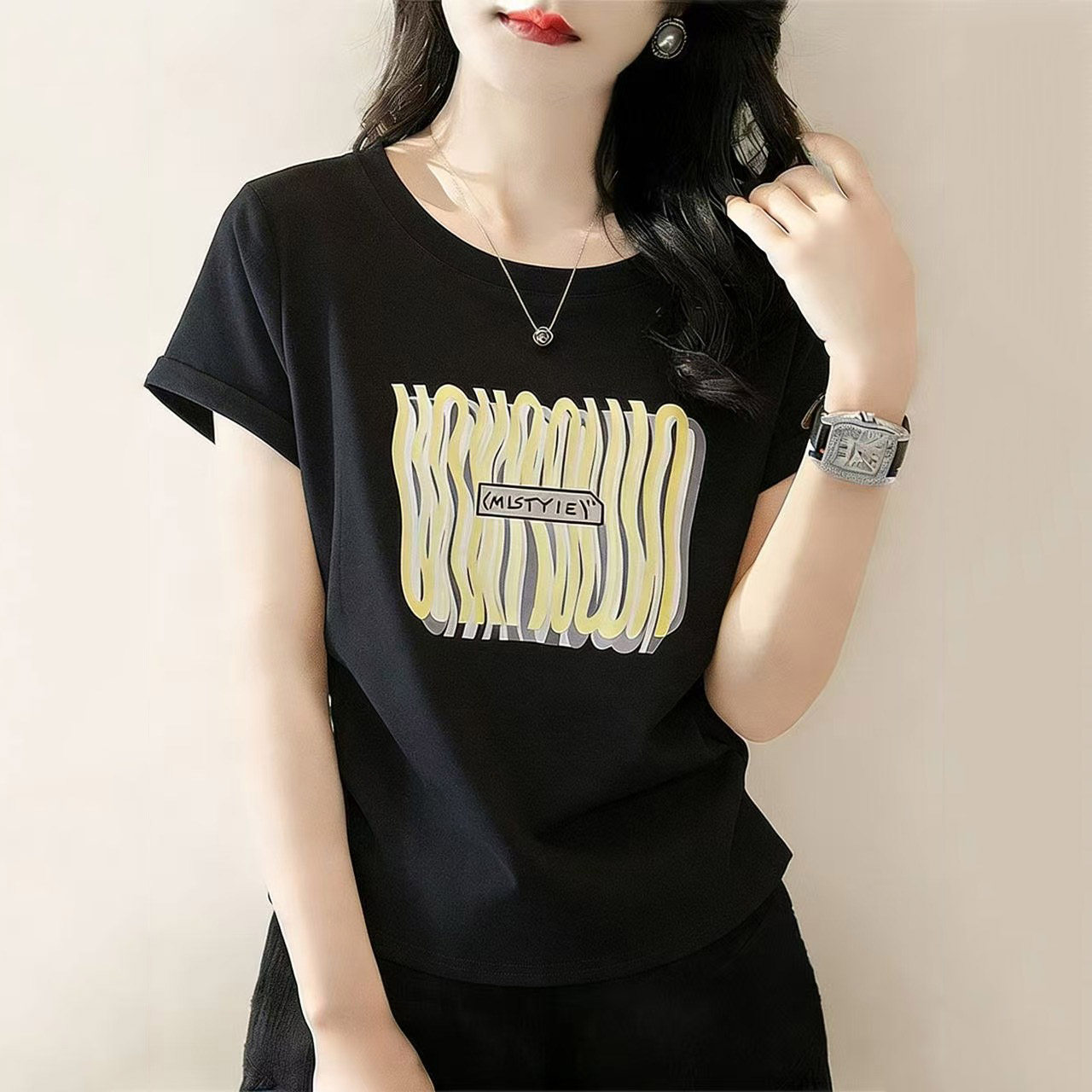 大码女装圆领收腰印花正肩短袖t恤女2026夏季新款装胖mm显瘦上衣