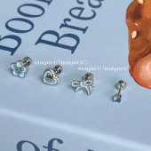 Maywct 可爱马卡龙蓝色爱心小花小熊蝴蝶结钛钢平底扣耳钉耳骨钉