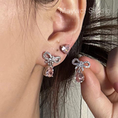 Maywct 甜美少女富家千金粉色爱心宝石蝴蝶结s925耳钉耳环 四件套