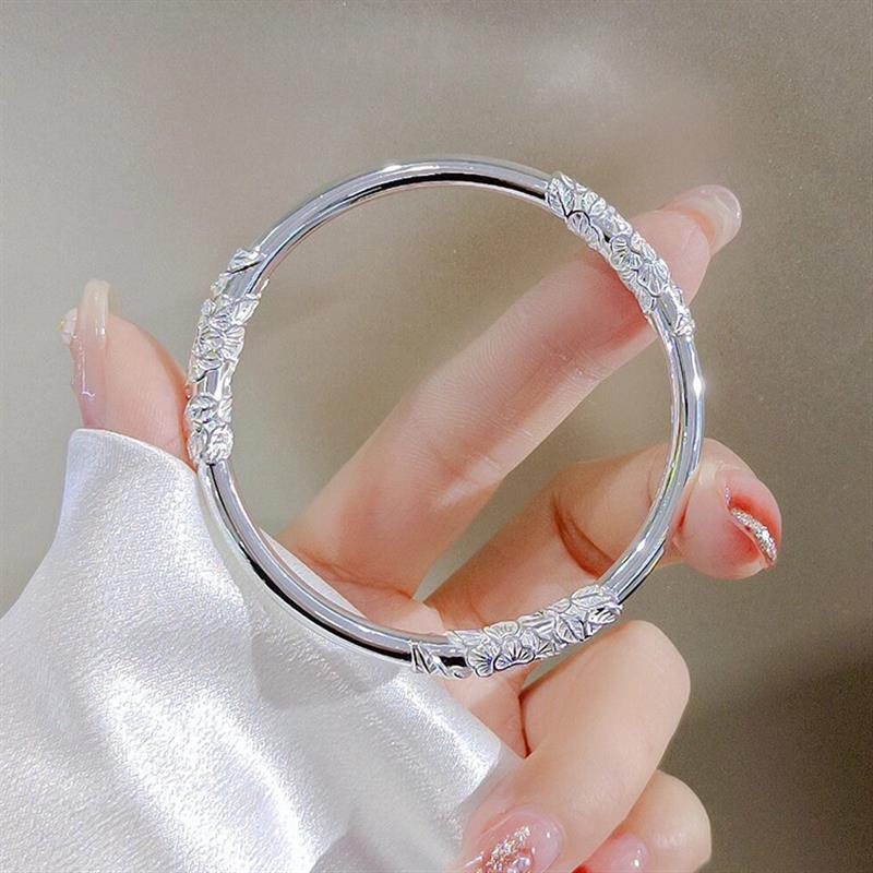 繁花银手镯女纯银s999足银实心闭口银镯子年轻款送女友情人节礼物