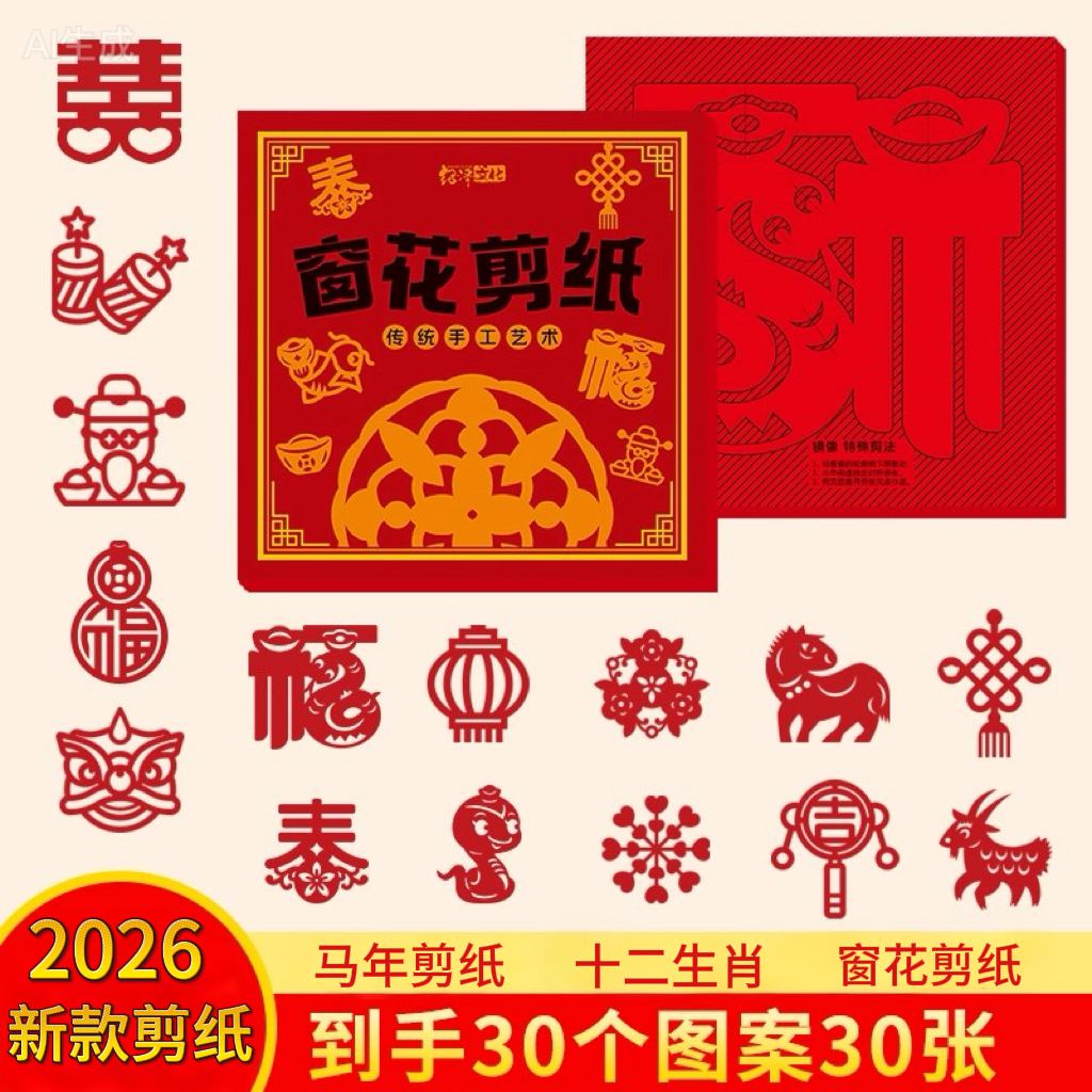 2026新年十二生肖窗花剪纸儿童趣味手工diy传统中国风底稿图案