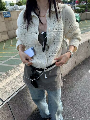 26秋韩版pebble复古重工几何镂空钩花翻领全羊毛针织短开衫女毛衣