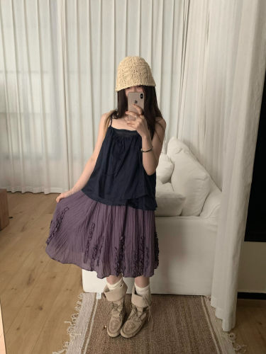 26夏韩版SINGLE WELL复古小香风木耳边紫色格纹松紧腰蓬蓬半身裙