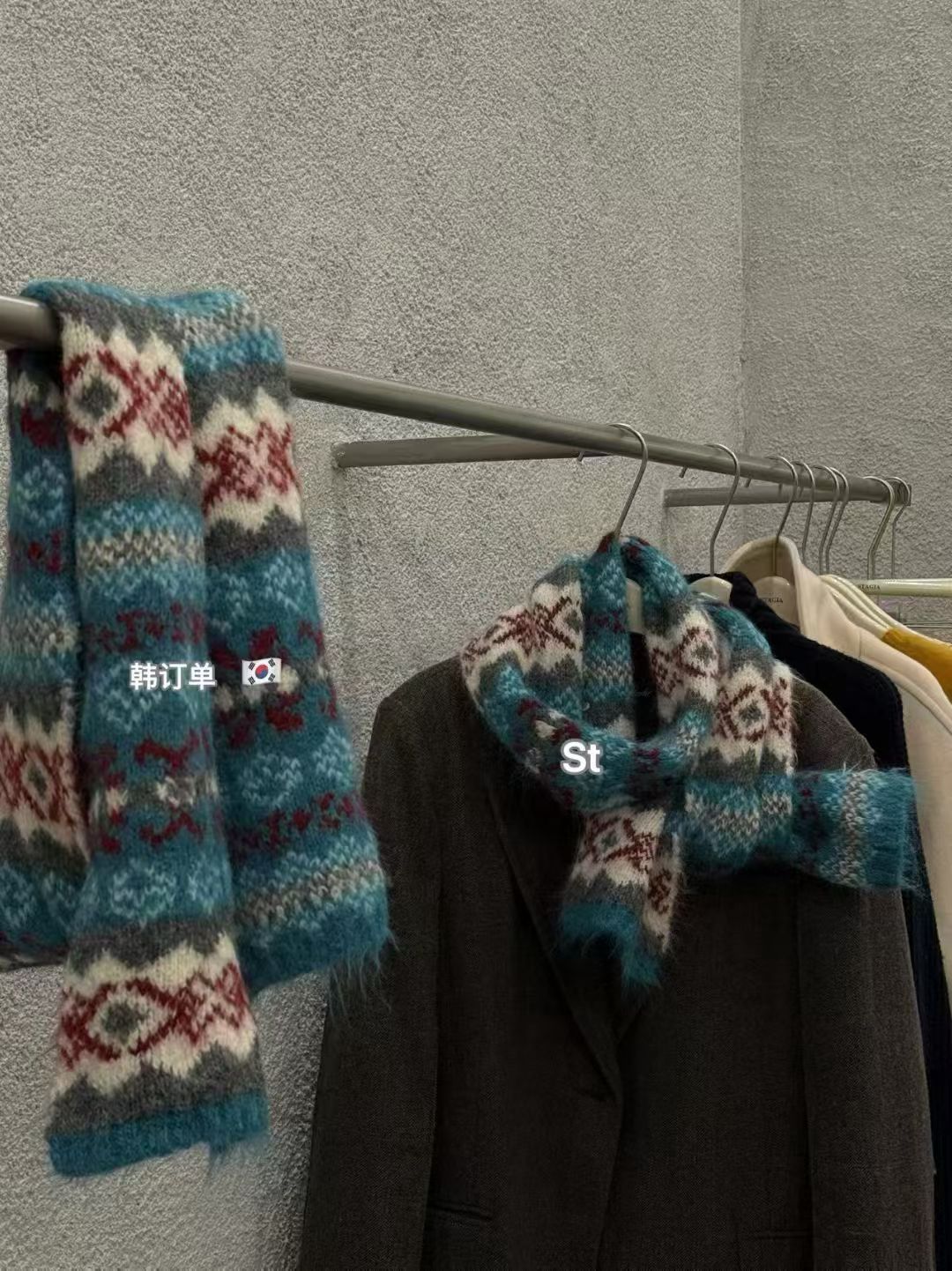 韩版复古费尔岛风蓝色雪花几何提花针织围巾女2025冬季保暖披肩