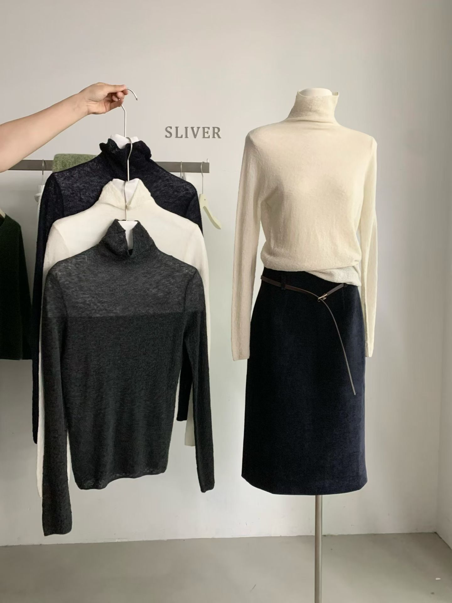 秋冬韩版sliver极简风纯色立体纹理针织t恤打底衫含49.9%绵羊毛