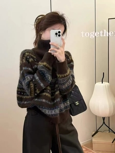 冬韩版 宽松毛衣 复古咖色费尔岛雪花几何羊毛羊绒提花半拉链针织衫