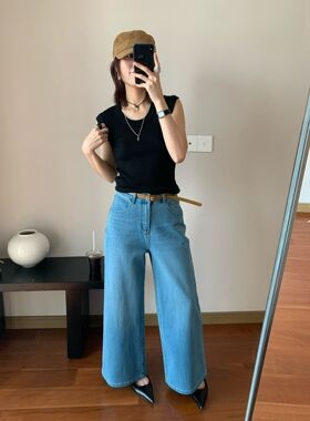 26春款韩版GL蓝色阔腿显瘦宽松高腰四面弹百搭牛仔裤配腰带7610