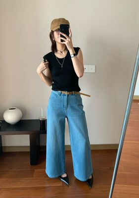 26春款韩版GL蓝色阔腿显瘦宽松高腰四面弹百搭牛仔裤配腰带7610